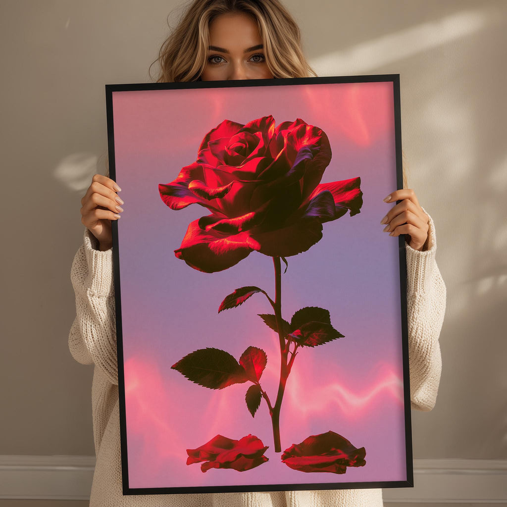 A woman holding a framed picture of a large, vibrant red rose.