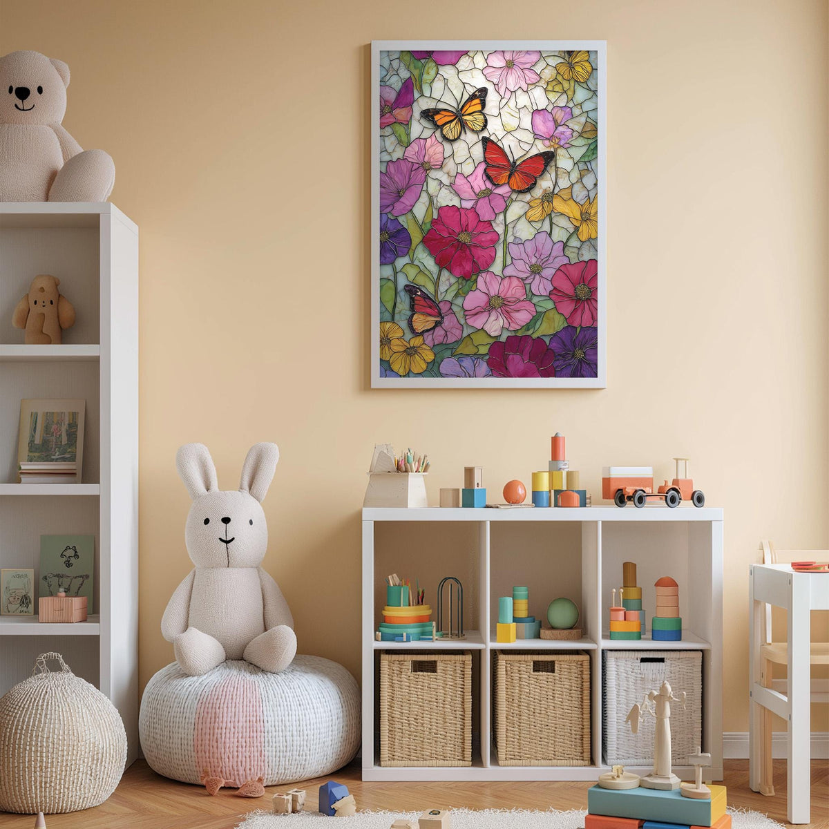 A child's bedroom with a white bookshelf, a stuffed rabbit, and a colorful stained glass window with butterflies and flowers.