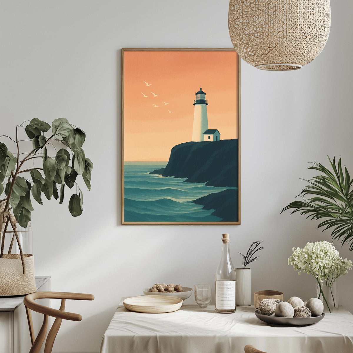 a serene coastal scene with a lighthouse on a cliff overlooking the ocean, surrounded by lush greenery and a dining table with a bottle of wine and other decorative items.