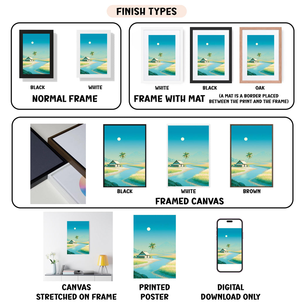 various types of artwork, including canvas prints, framed canvas prints, and digital prints, each with different finishes and mat placements.