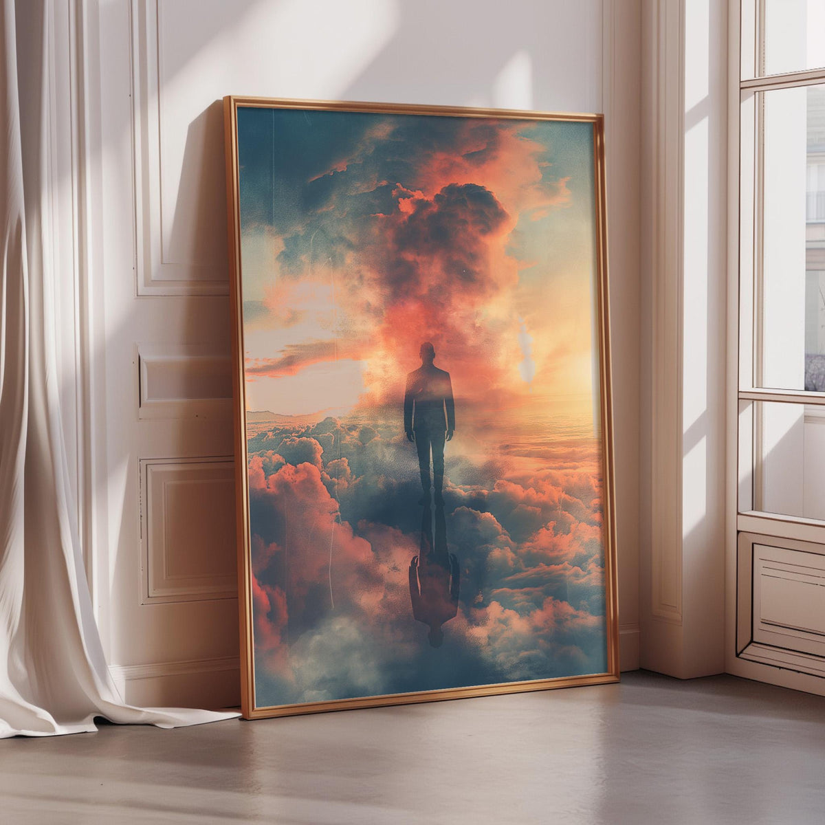 a large framed painting depicting a silhouetted figure standing in a surreal landscape with clouds and a vibrant sky.