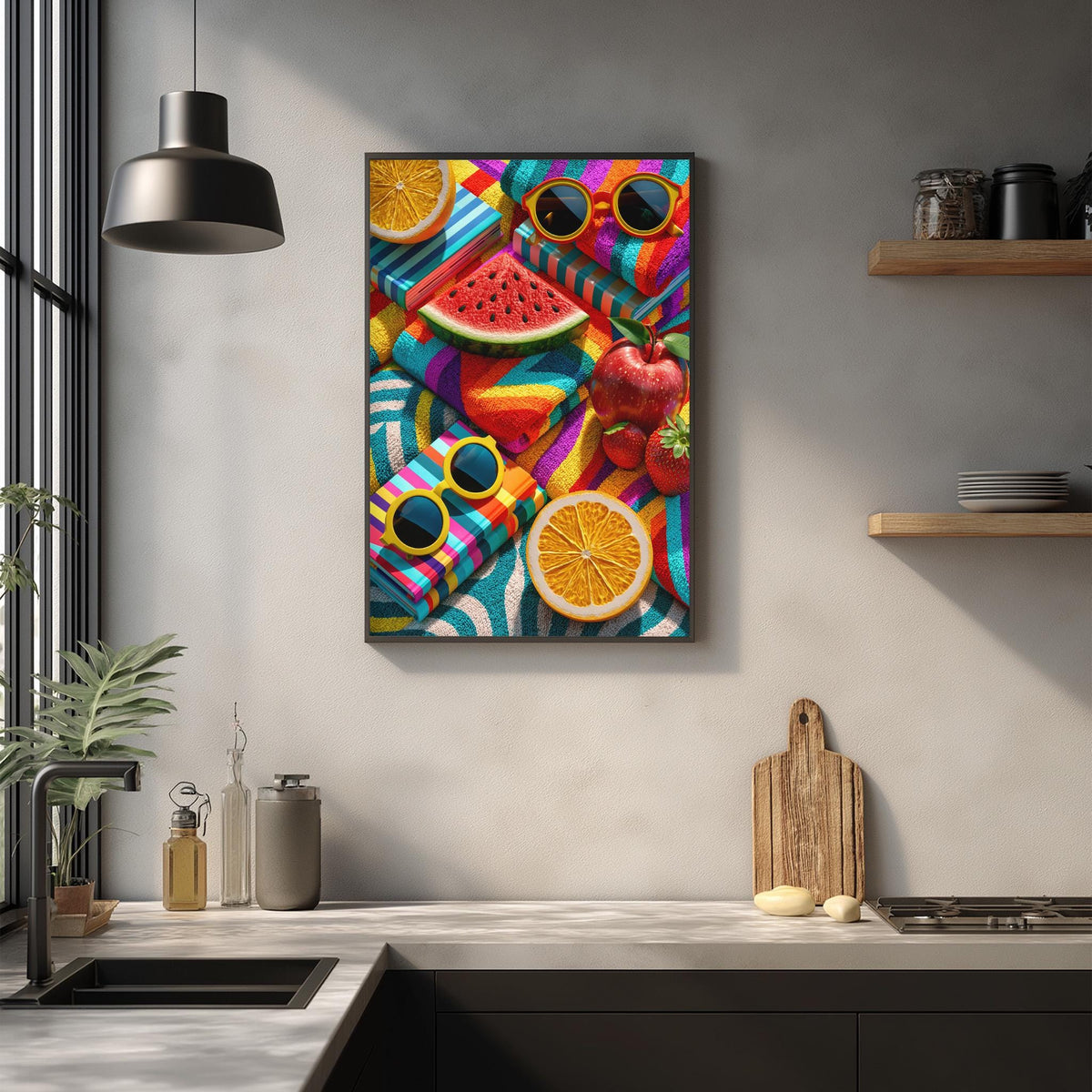 a vibrant and colorful still life painting of various fruits, including watermelon, oranges, and strawberries, displayed on a wall above a kitchen counter.