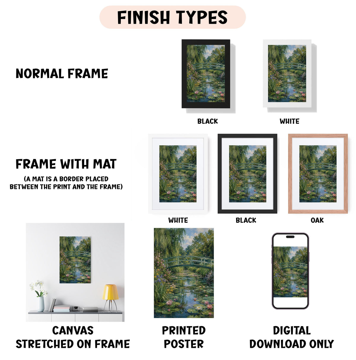 various finish types for artwork, including a normal frame, a frame with a mat, a white frame, a black frame, an oak frame, a white canvas stretched on a frame, a printed poster, and a digital download only.