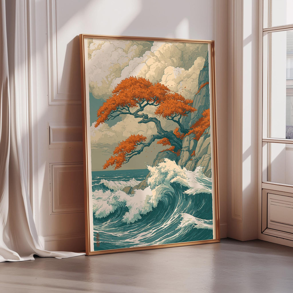 a large framed painting depicting a serene landscape with a tree in the foreground and a crashing wave in the background.