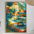 a vibrant and colorful abstract painting hanging on a wall, with a dining table and various decorative elements in the foreground.