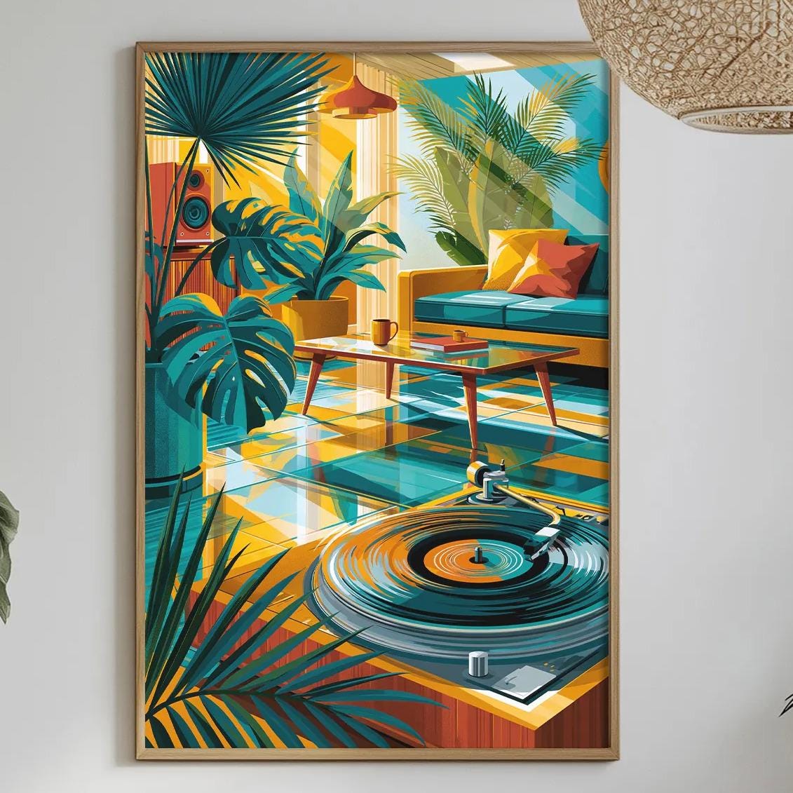 a vibrant and colorful abstract painting hanging on a wall, with a dining table and various decorative elements in the foreground.