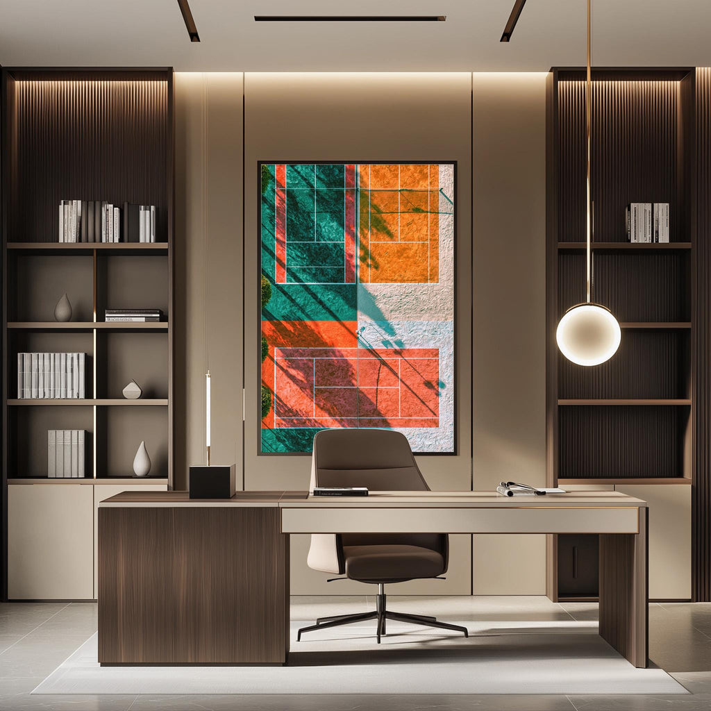 a modern and minimalist office space with a large abstract painting on the wall, a wooden desk with a chair, and built-in bookshelves.