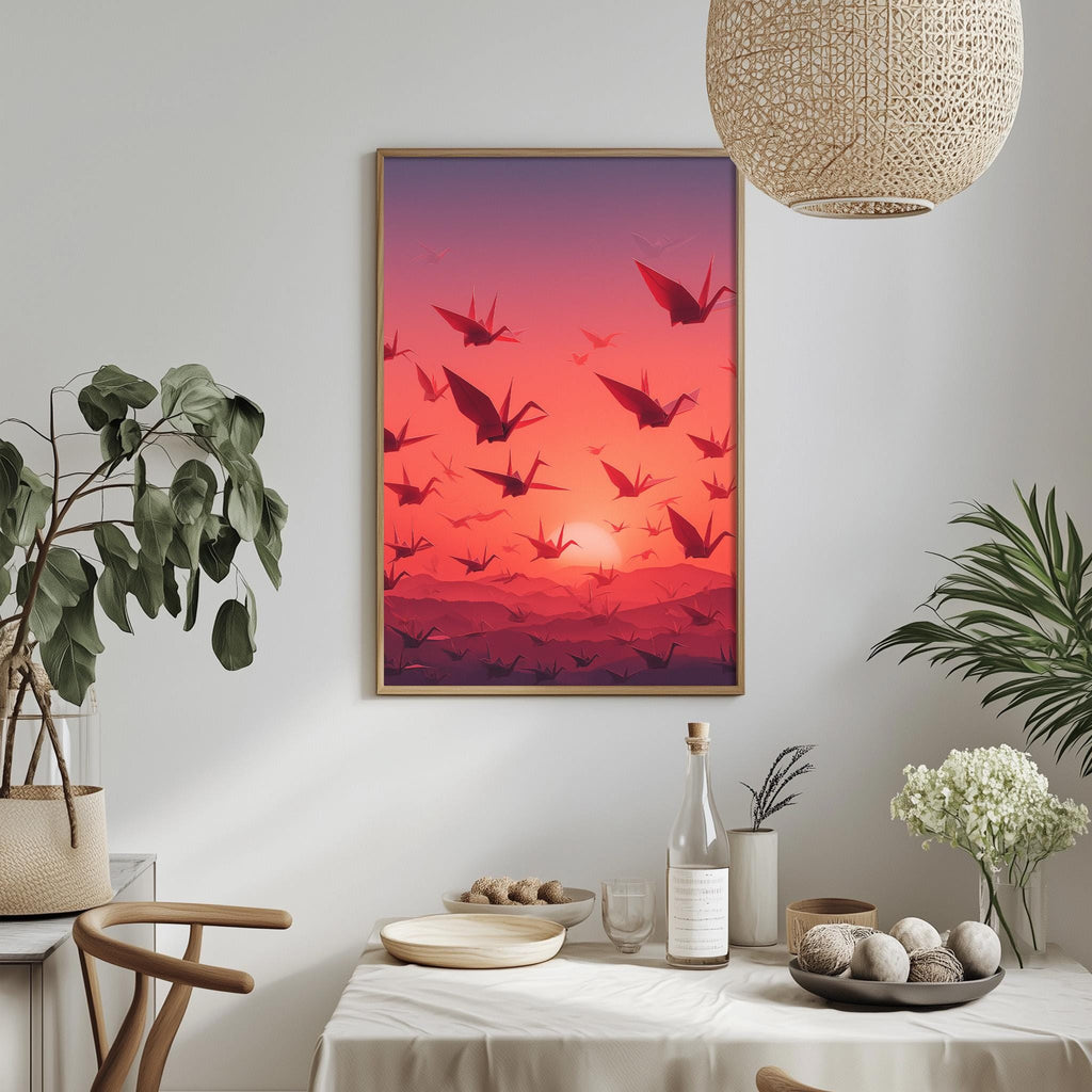 a dining table with a white tablecloth, a bowl of fruit, a bottle, and a vase with flowers. Above the table, there is a framed picture of a flock of red birds flying against a sunset background.