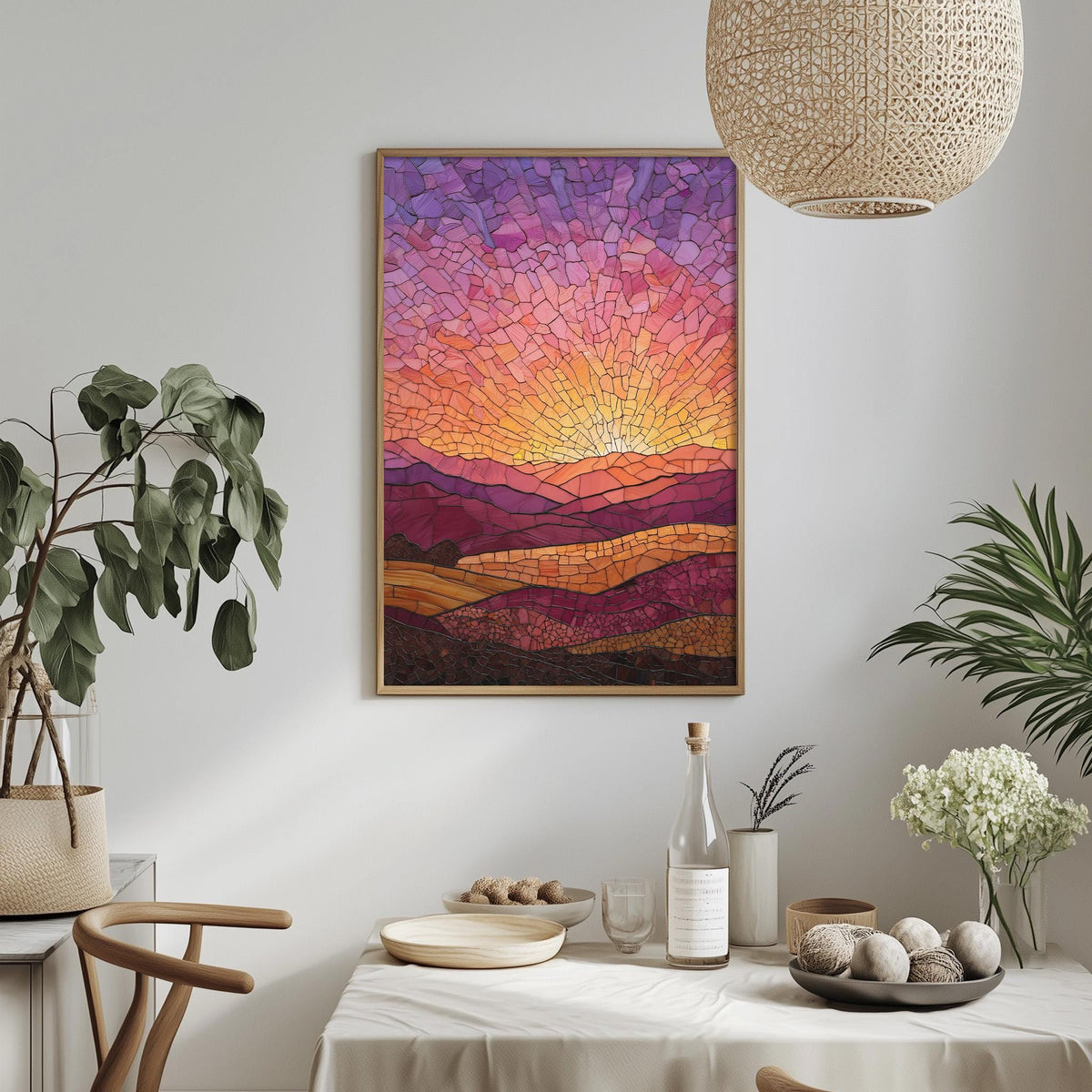 a dining table with a white tablecloth, a vase of white flowers, a bottle of wine, and a bowl of fruit. Above the table, there is a framed painting depicting a sunset over a landscape.