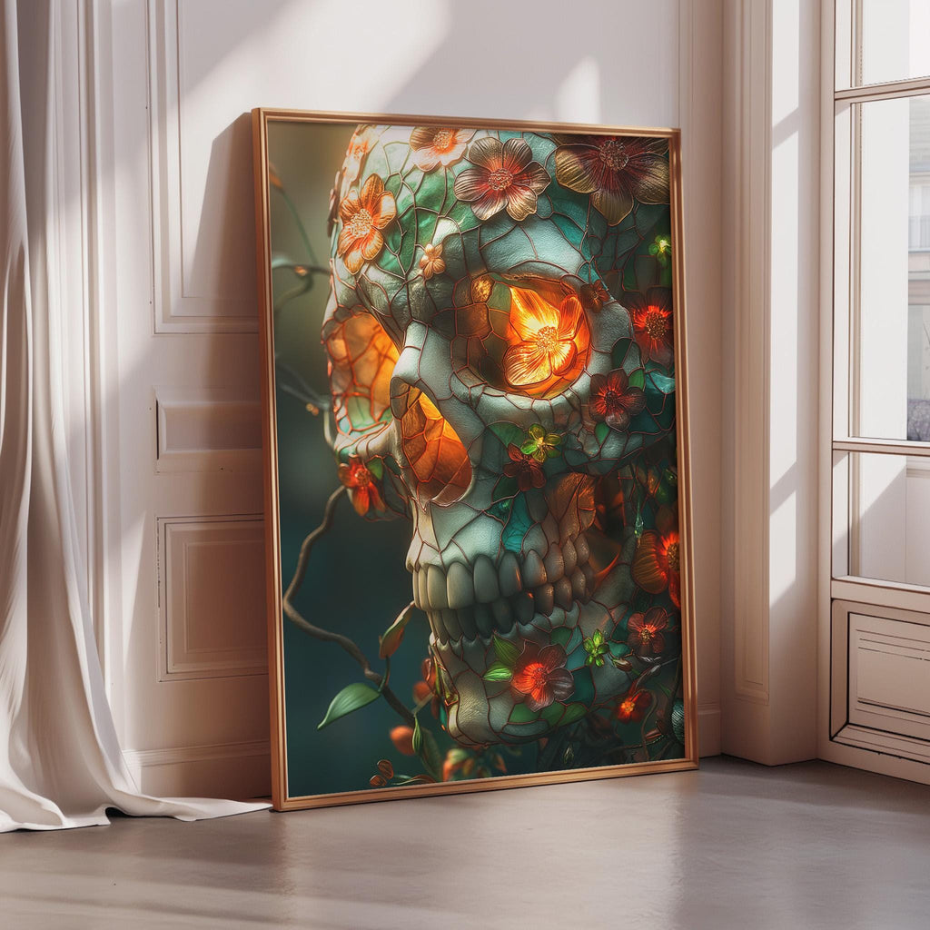 a large framed artwork depicting a colorful, intricate skull with floral and leafy elements.
