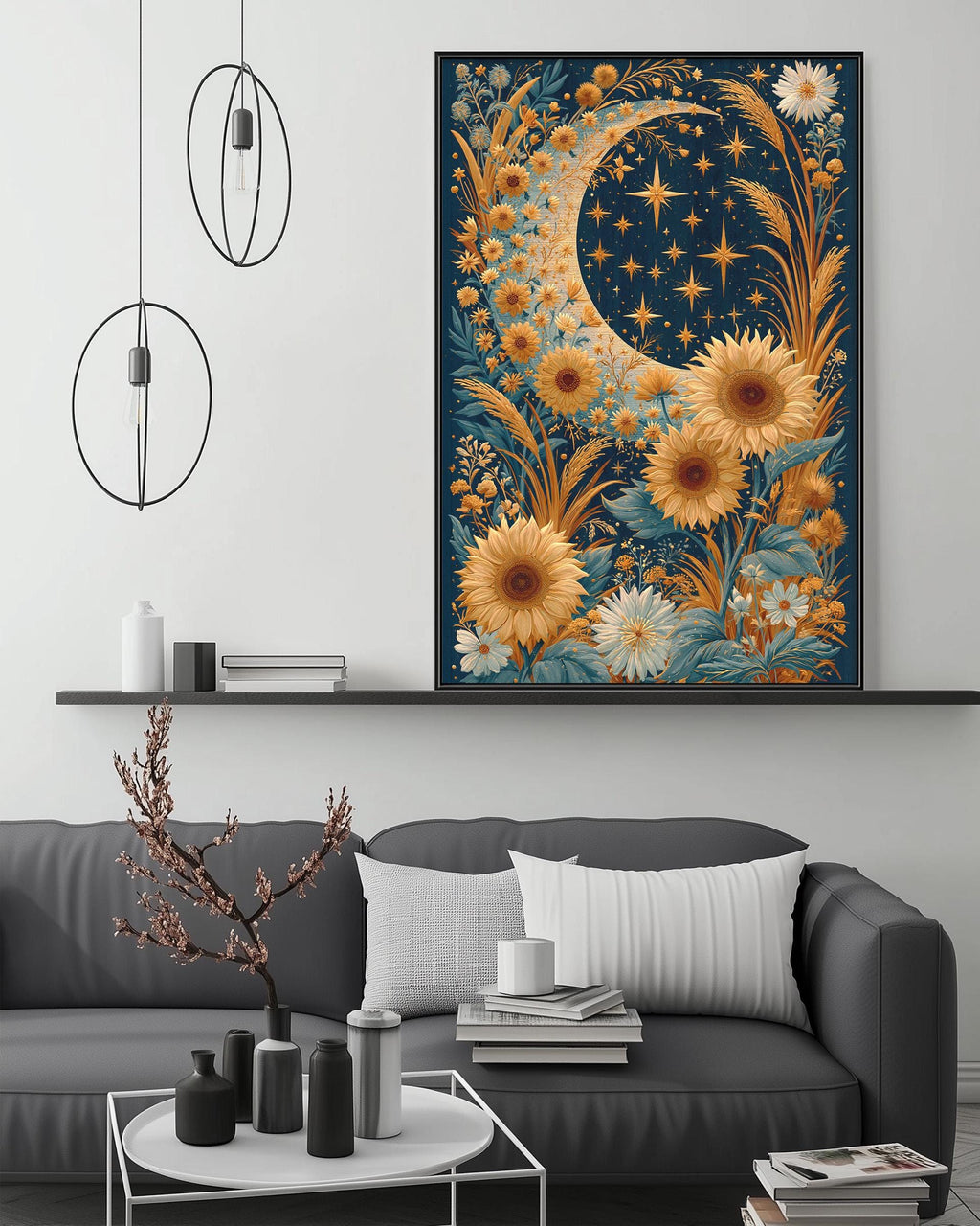 a large, colorful painting of a crescent moon and stars above a floral arrangement of sunflowers and other flowers. The painting is displayed on a wall above a gray couch, which is decorated with a small tree and various decorative items.