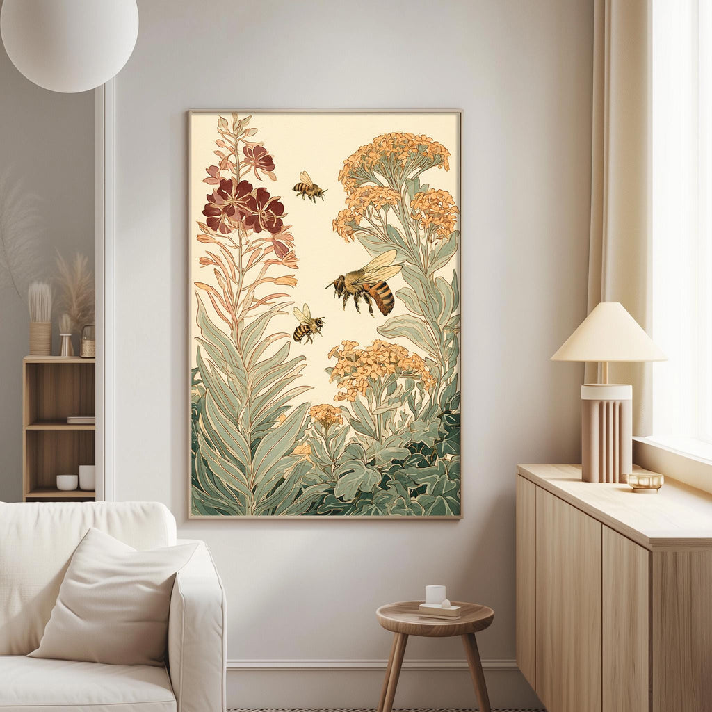 a large painting of a garden scene with a variety of flowers and plants, including a bee flying among the flowers. The painting is hung on a wall in a living room setting, with a white couch and a small table nearby.