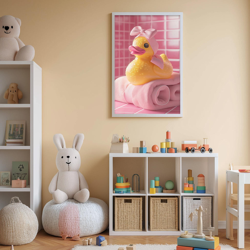 A child's bedroom with a white bookshelf, a stuffed bunny, a stuffed duck, and a framed picture of a pink and yellow rubber duck on a towel.