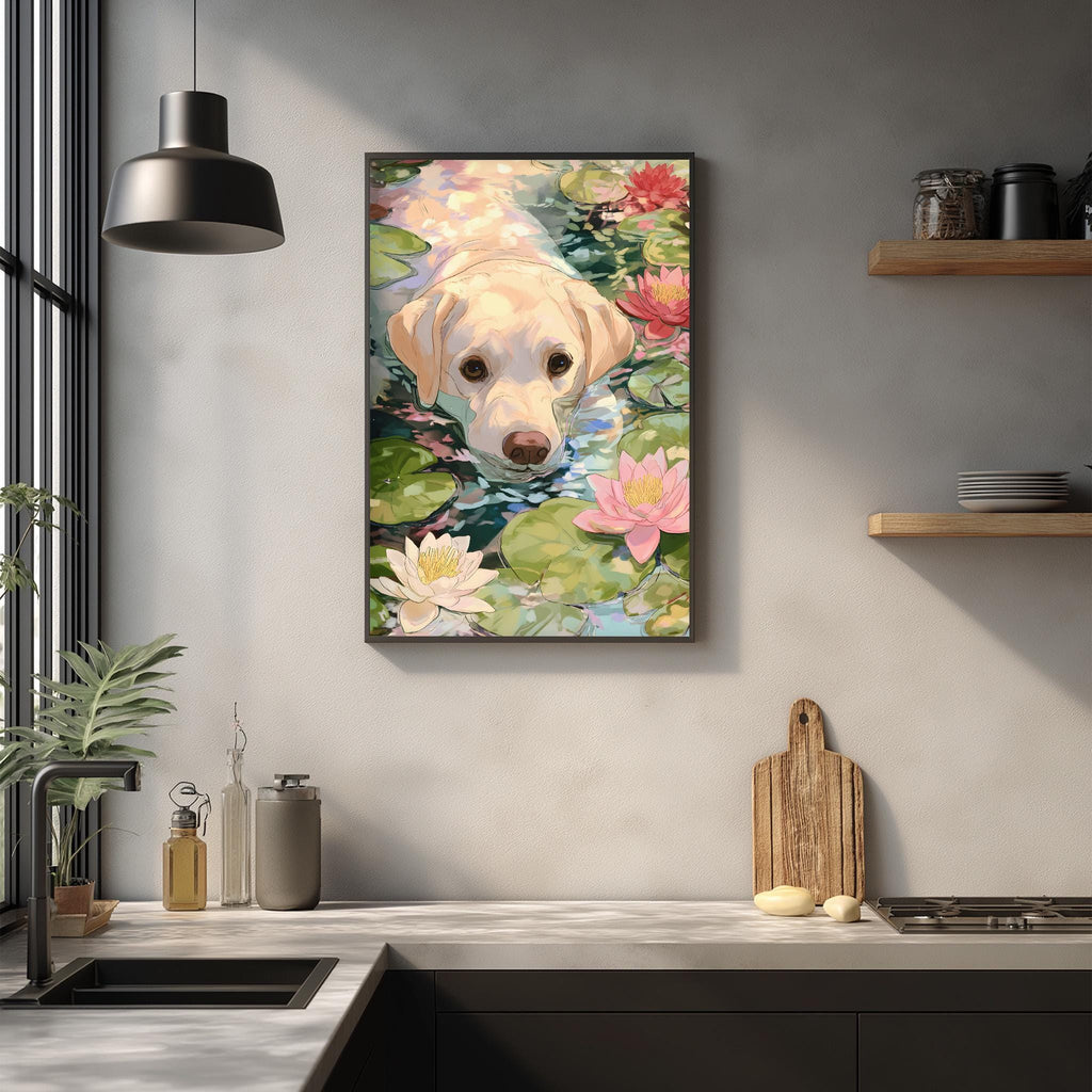 a framed painting of a dog peeking out from a pond filled with lily pads and pink flowers, hanging on a wall above a kitchen counter.