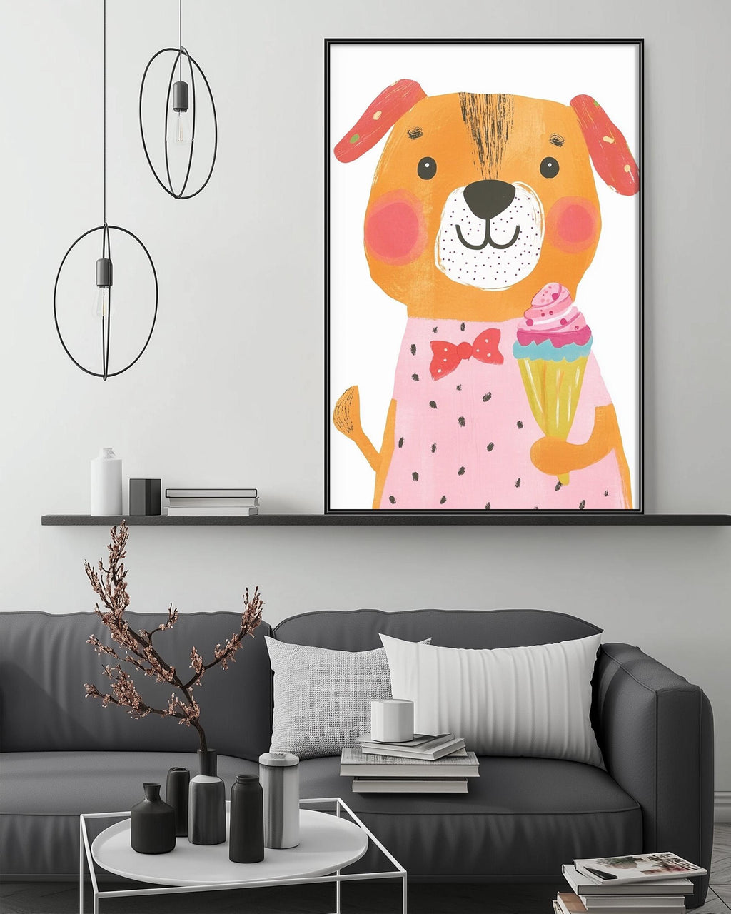 a cozy living room with a gray couch, a coffee table, and a large framed illustration of a dog holding a cupcake. The room has a minimalist and modern design, with a black and white color scheme and a few decorative elements such as a potted plant and a vase.