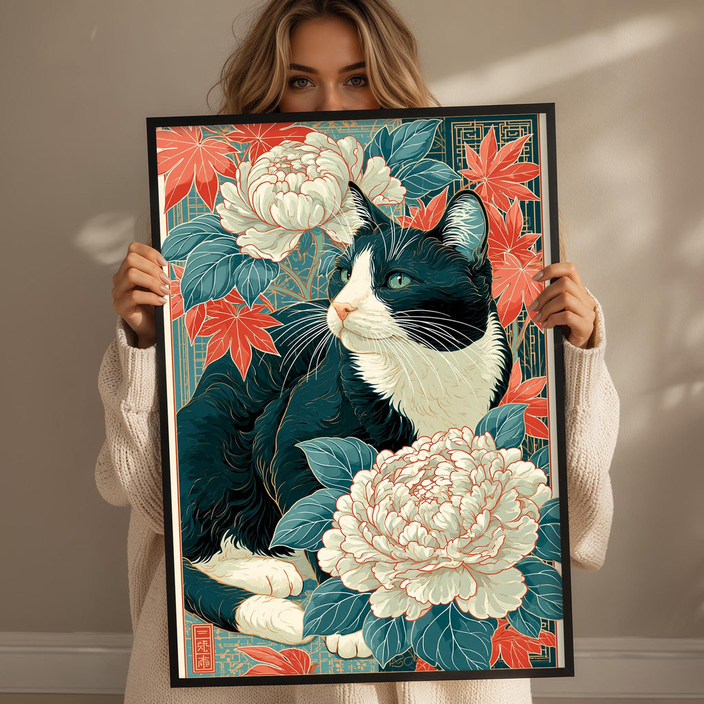 A woman holds up a framed illustration of a black and white cat surrounded by colorful flowers and leaves.