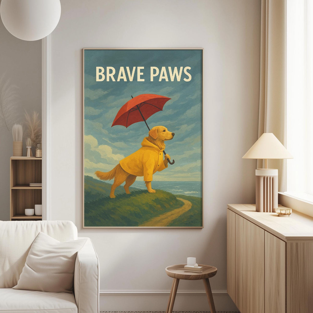 a large painting of a yellow dog standing on a grassy hill, holding an umbrella and wearing a yellow raincoat, with the text "BRAVE PAWS" written above it.