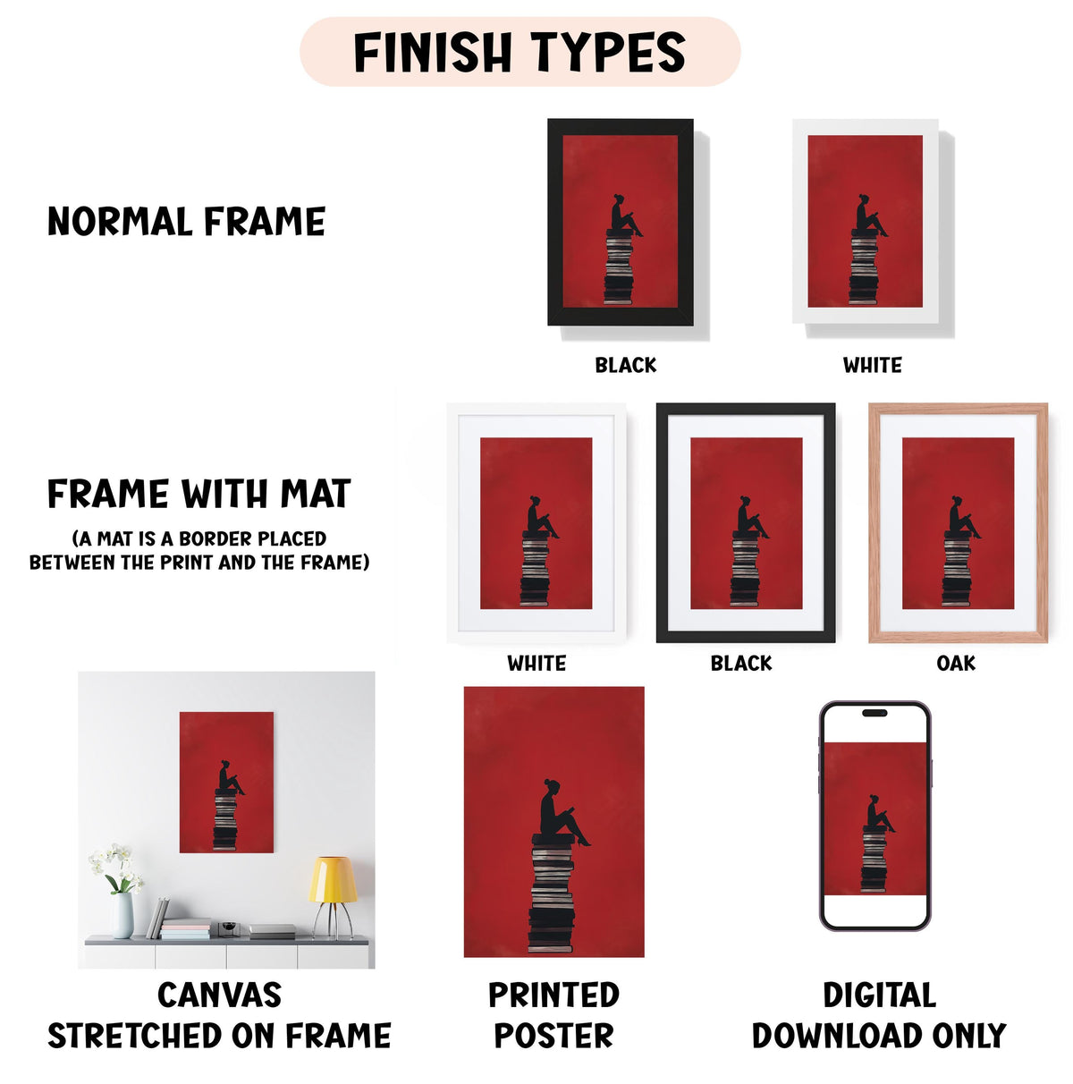 various framed artworks, including a canvas stretched on a frame, a framed poster, and a digital poster. The artworks are presented in different frame types, such as normal frame, black frame, white frame, black frame, and oak frame. The artworks are also described in terms of their finish types, including normal frame, black frame, white frame, black frame, and oak frame.