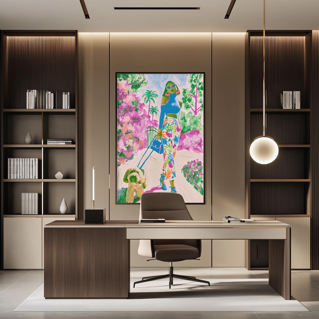 a modern office space with a large, colorful painting of a woman in a tropical setting hanging on the wall. The office features a wooden desk, a comfortable chair, and a bookshelf filled with books and decorative items.