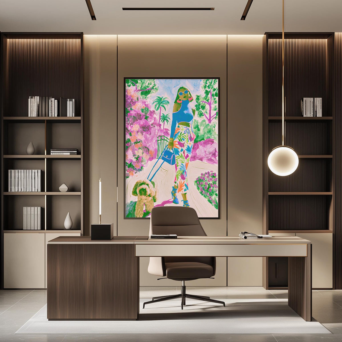 a modern office space with a large, colorful painting of a woman in a tropical setting hanging on the wall. The office features a wooden desk, a comfortable chair, and a bookshelf filled with books and decorative items.