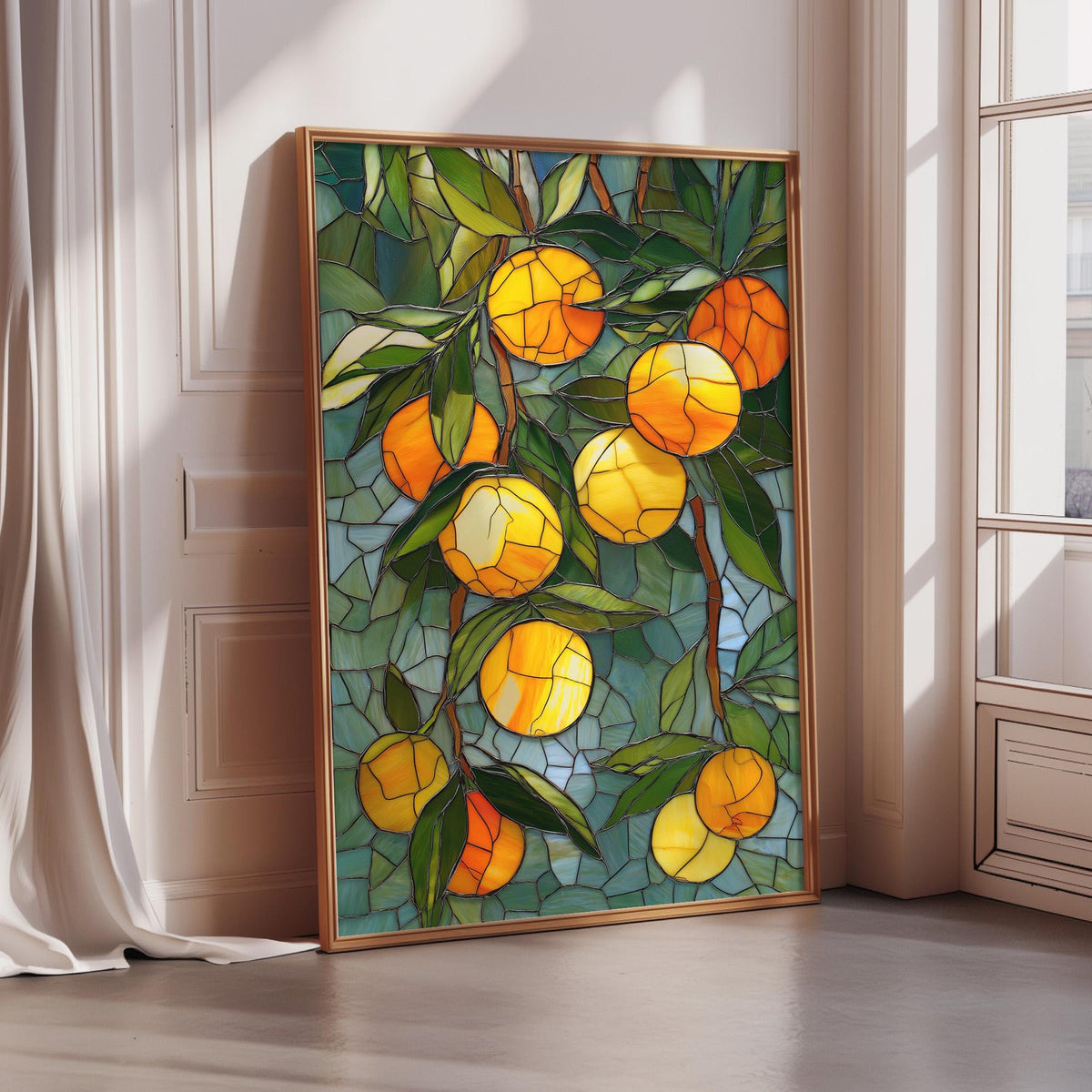 A framed stained glass artwork depicting a vibrant scene of oranges hanging from a tree, with the colors of the glass creating a colorful and intricate design.