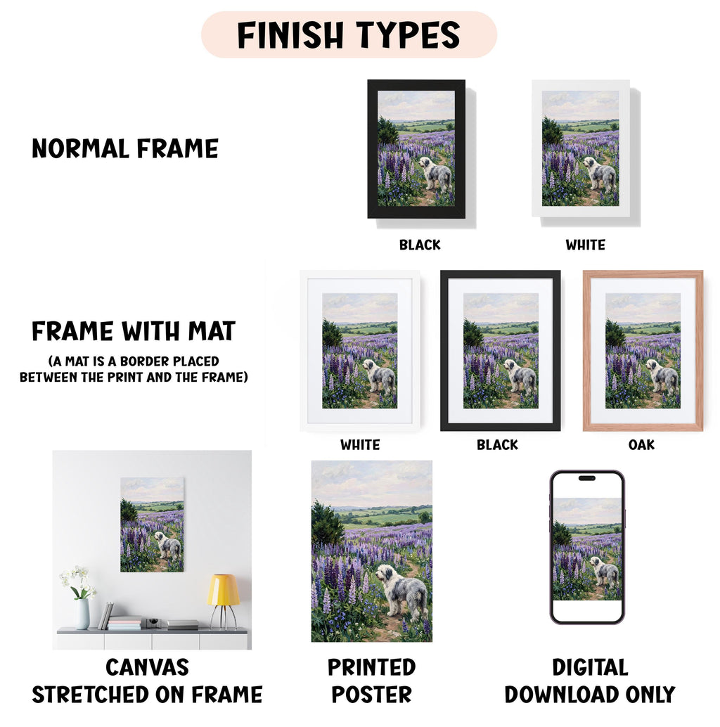 various types of artwork, including a canvas stretched on a frame, a framed photograph of a sheep in a field, and a framed photograph of a sheep in a field. The artwork is presented in different frame colors, such as black, white, and brown, and the image is described as a collage of multiple images.