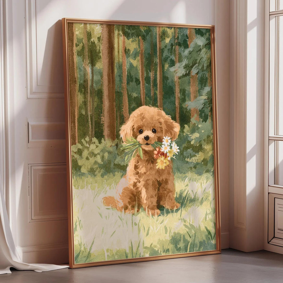 A framed painting of a small brown dog sitting in a grassy field, holding a bouquet of flowers in its mouth.