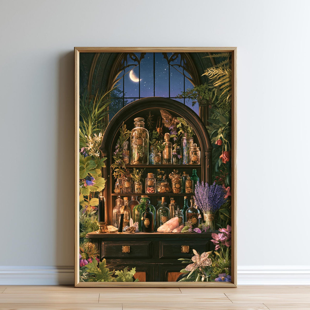 The image is a framed painting depicting a room filled with various bottles, vases, and flowers, creating a whimsical and enchanting atmosphere.