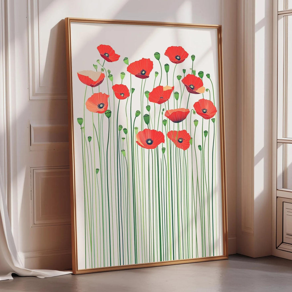 A large framed print of red poppies with green stems is displayed on a white wall in a room with a window.