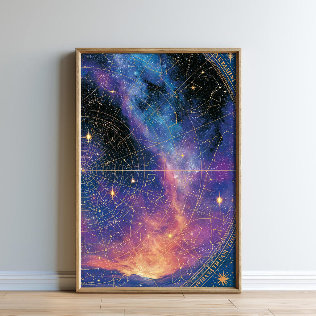The image is a framed poster depicting a vibrant and colorful depiction of a starry night sky, with a galaxy-like pattern and numerous stars.