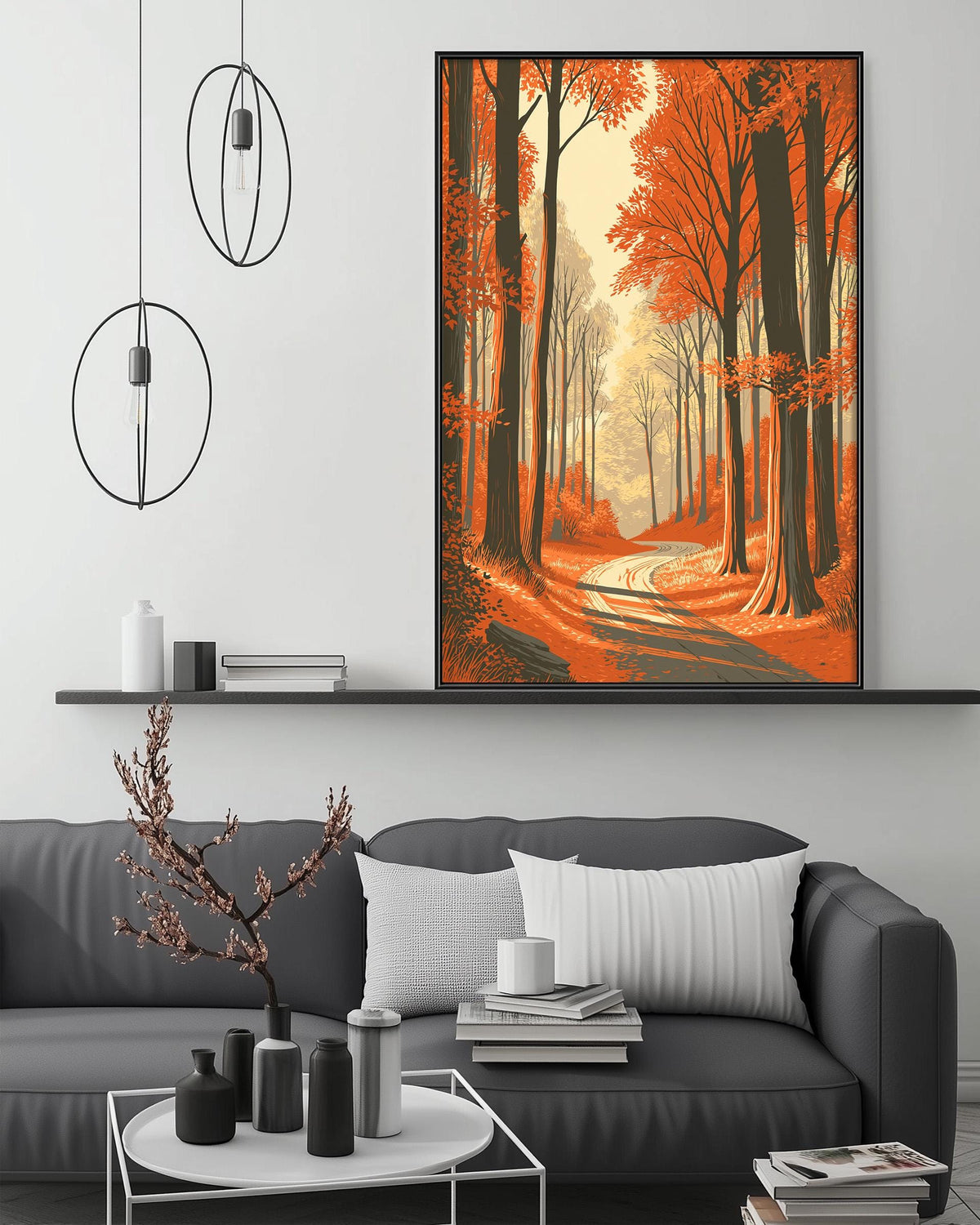 a modern living room with a gray sofa, a coffee table, and a large framed painting of a forest scene with orange trees. The painting is hanging on the wall above the sofa, creating a focal point in the room.