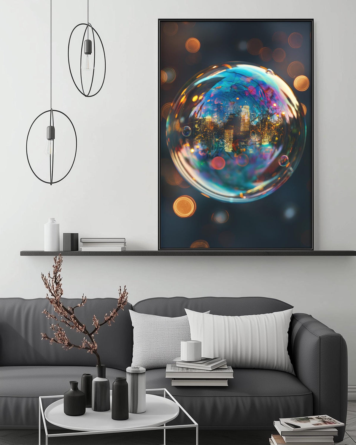 a modern living room with a gray sofa, a coffee table, and a large framed artwork depicting a colorful, abstract cityscape within a bubble.