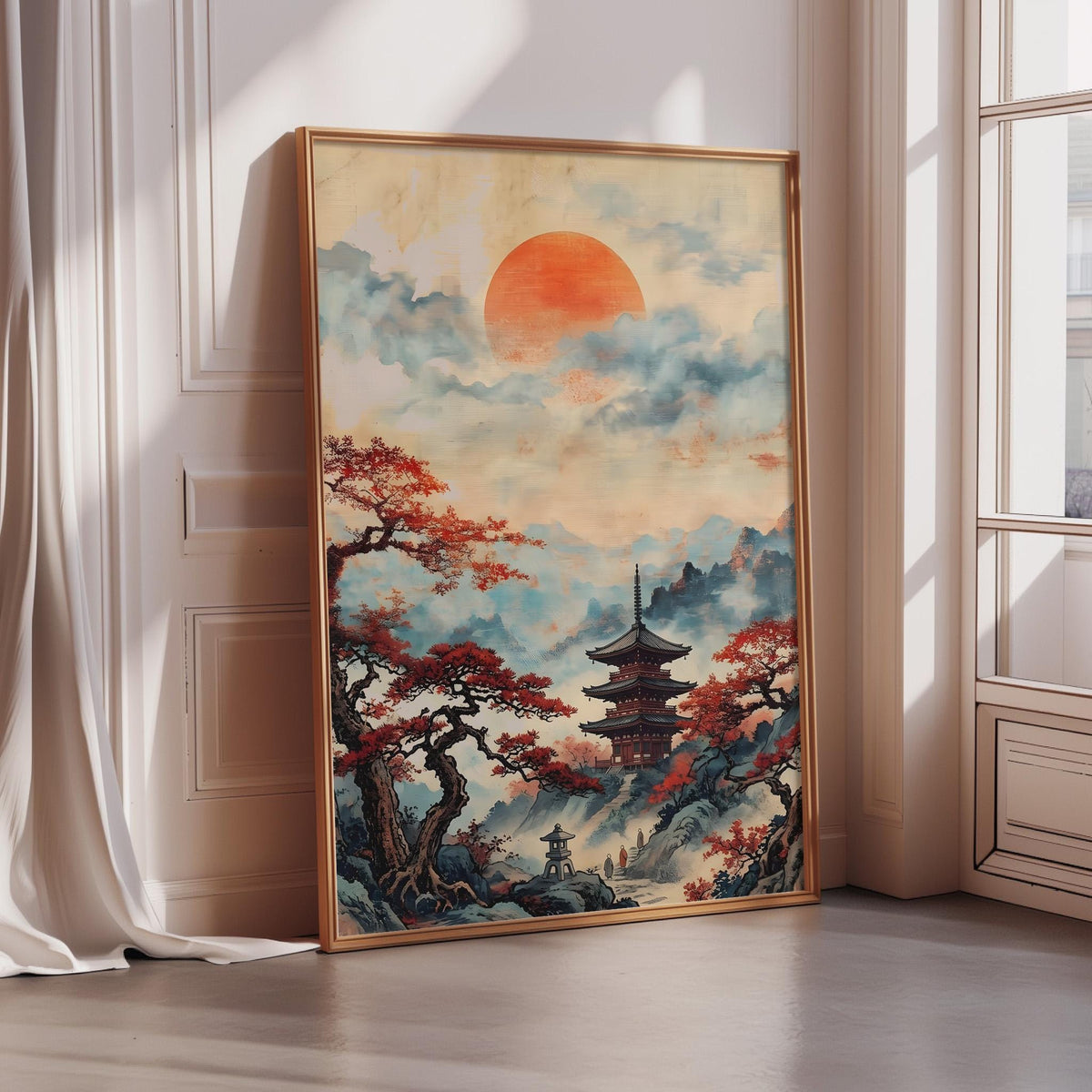 A large framed painting depicting a serene landscape with a pagoda in the background, surrounded by trees with red leaves, and a large orange sun in the sky.