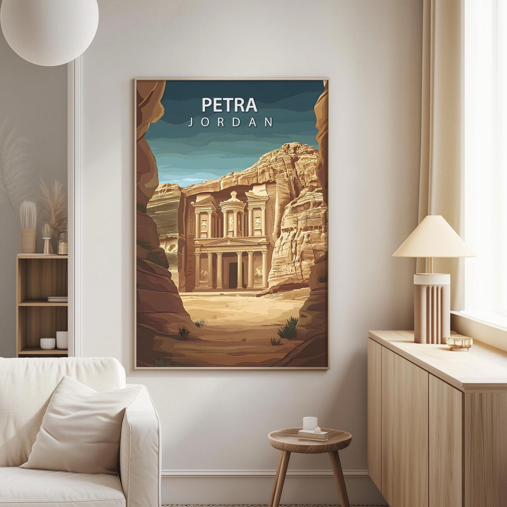 A framed poster of the Petra, a famous ancient archaeological site in Jordan, hangs on the wall of a living room.