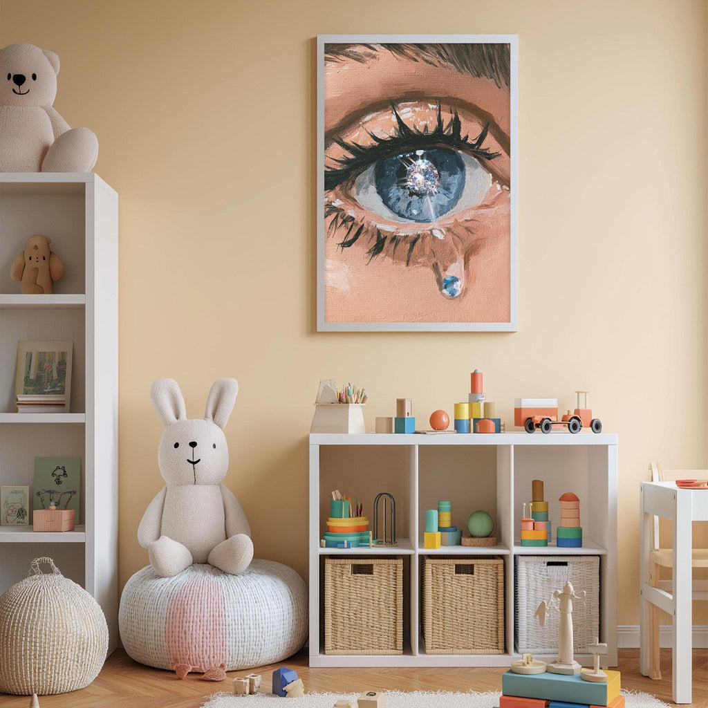 A child's bedroom with a large eye painting on the wall, a stuffed rabbit, a toy shelf with various toys, and a storage unit with toys and other items.