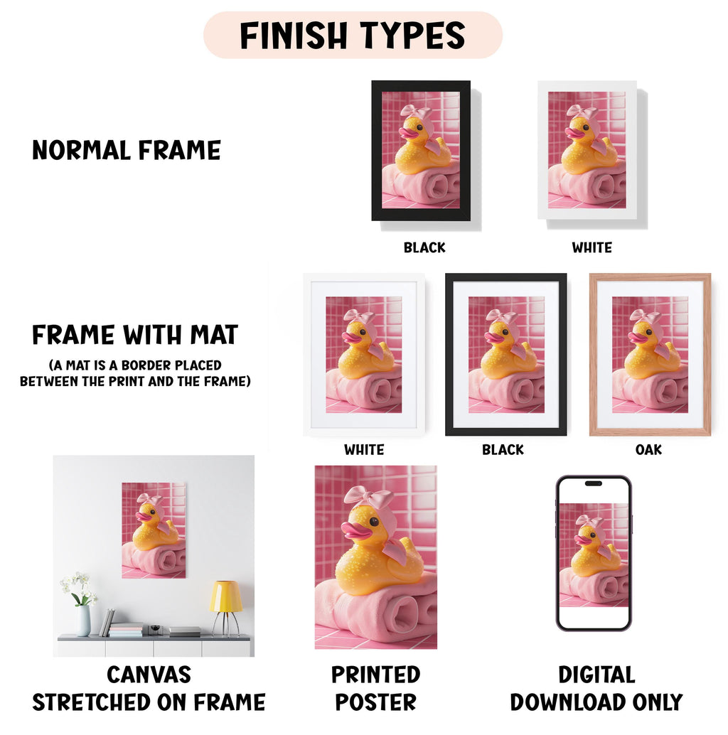 various types of framed artwork, including a normal frame, a frame with a mat, a white frame, a black frame, a white frame, a black frame, and an oak frame. The artwork features a rubber duck in different frames, such as a canvas stretched on a frame, a printed poster, and a digital download only.