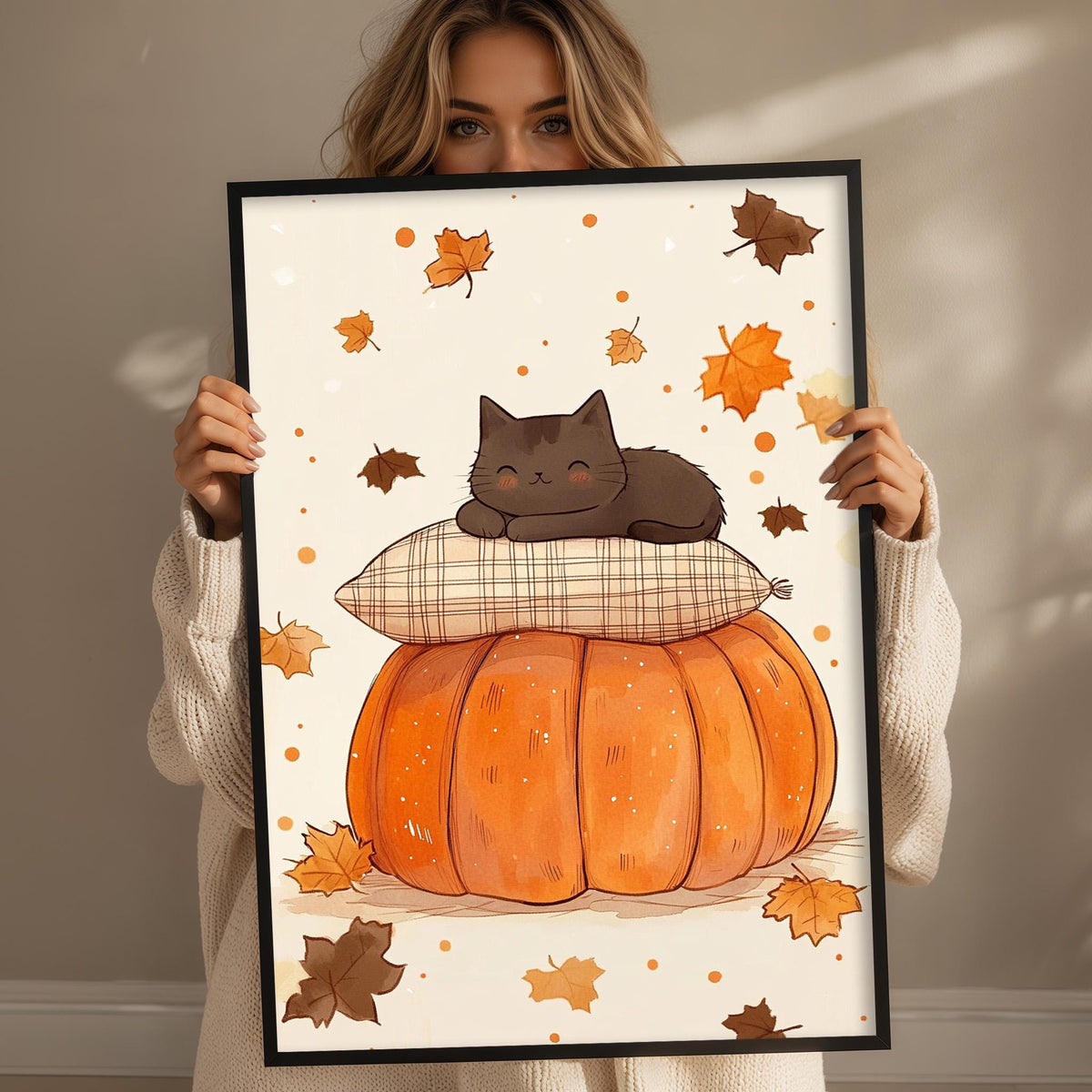 A woman holds up a framed illustration of a cat sleeping on a pumpkin, surrounded by autumn leaves.