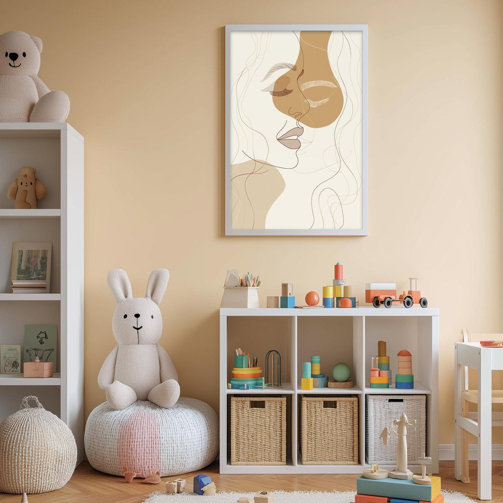 a cozy and well-organized children's playroom, featuring a variety of toys and storage solutions. A large stuffed rabbit sits on a white bean bag chair, while a shelf holds an assortment of colorful toys. A framed abstract portrait of a woman's face is displayed on the wall, adding an artistic touch to the room. The overall scene conveys a warm and inviting atmosphere, perfect for a child's play area.