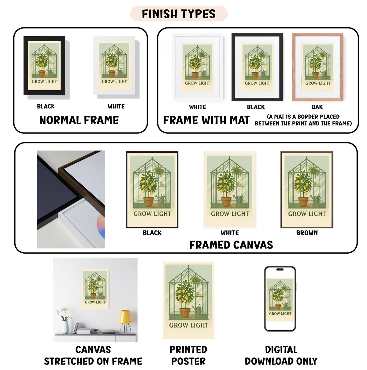 various finish types for a framed print, including a black frame, a white frame, a black frame with a mat, a white frame, a black frame with a mat, a white framed canvas, a framed canvas, a stretched canvas, a printed poster, and a digital download only.