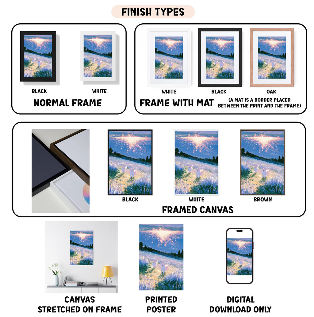 various types of artwork, including paintings, framed prints, and digital art, each with different finishes and frame styles.