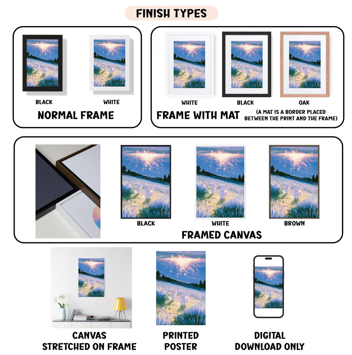 various types of artwork, including paintings, framed prints, and digital art, each with different finishes and frame styles.