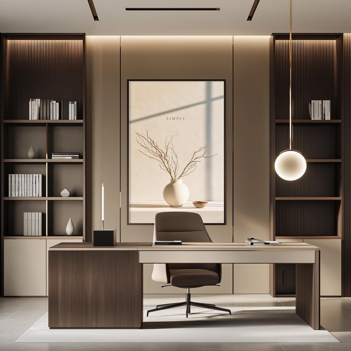 a modern and minimalist office space with a large wooden desk, a comfortable chair, and a large window providing natural light. The desk is surrounded by built-in bookshelves, and a vase with branches adds a touch of nature to the space. The overall design is sleek and contemporary, with a focus on functionality and simplicity.