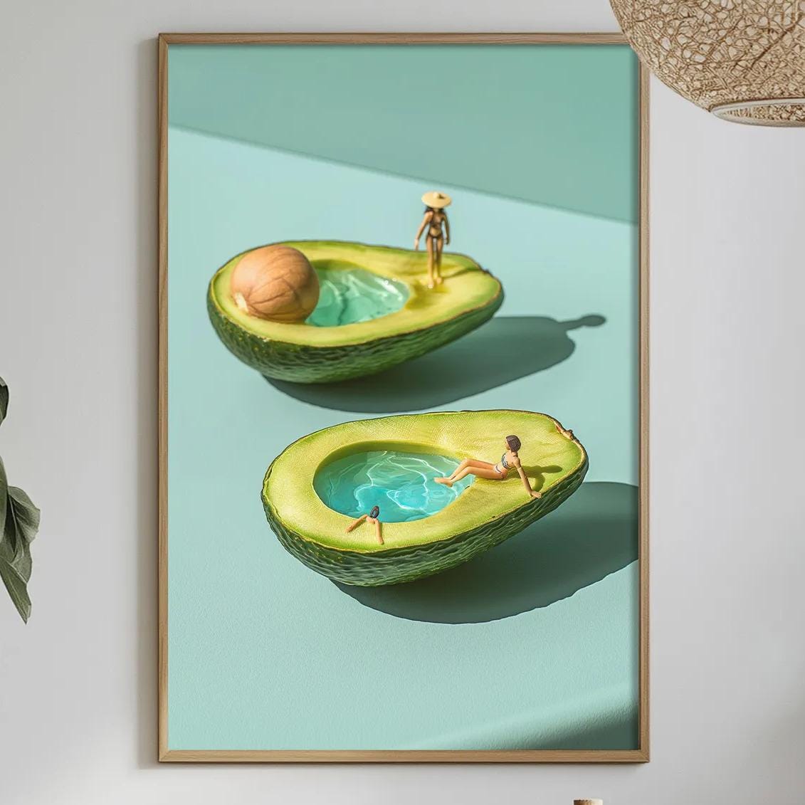 a dining table with a white tablecloth, a bottle, a bowl, and a vase with flowers. Above the table, there is a framed picture of two avocados with people in them, and a hanging light fixture.