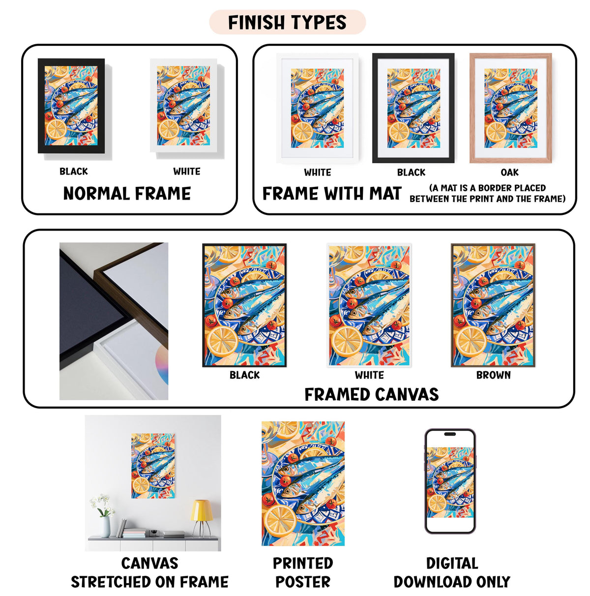 various types of artwork, including framed prints, canvas prints, and digital prints, each with different finishes and frame styles.