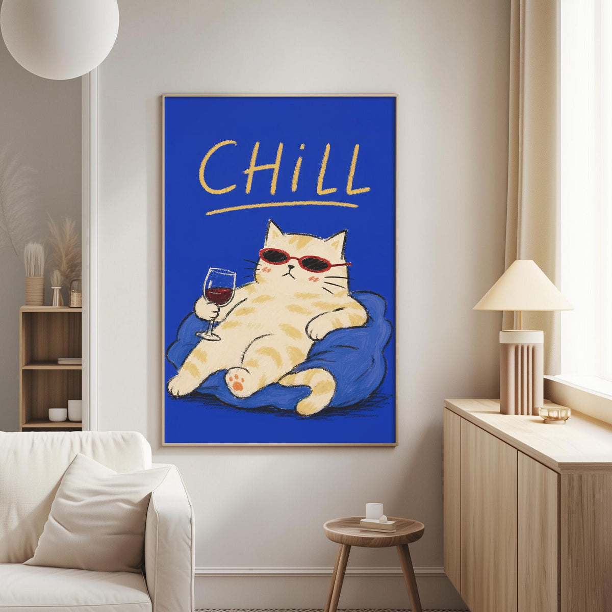 a large blue poster with a cartoon cat wearing sunglasses and holding a glass of wine, hanging on a wall in a living room.