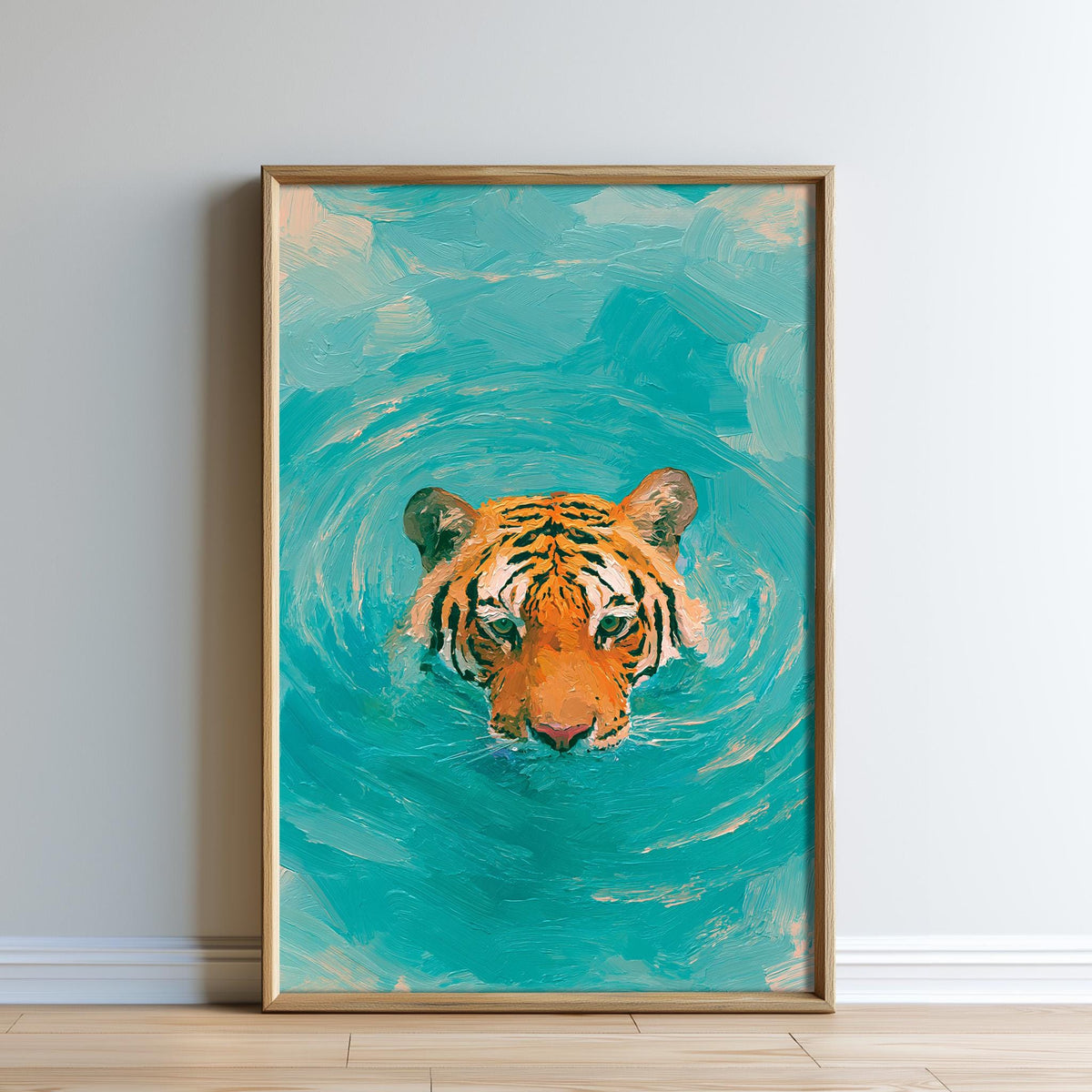 A framed painting depicting a tiger swimming in turquoise water.