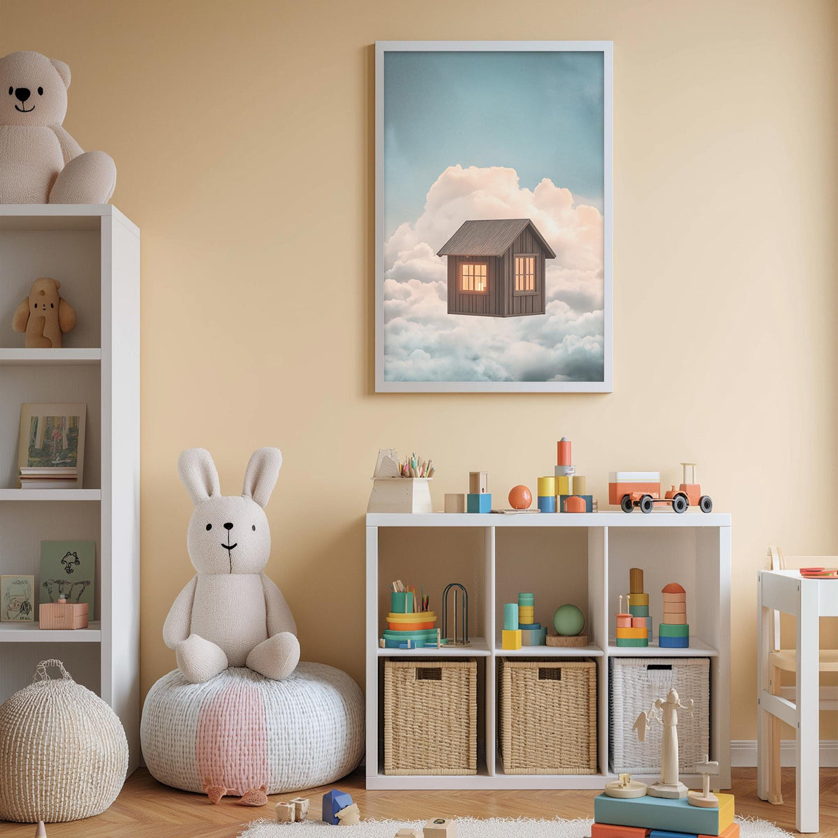 A cozy children's room with a white bookshelf, a plush rabbit, and a colorful toy box filled with toys. Above the bookshelf, there is a framed picture of a house floating in the clouds.