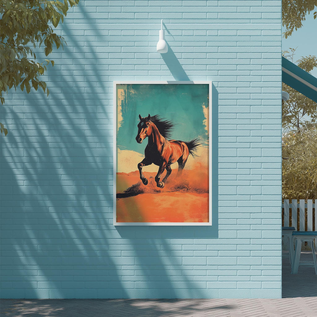 a large, vibrant painting of a horse in motion, mounted on a blue brick wall.