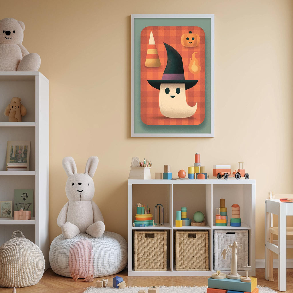 A cozy and colorful children's bedroom with a witch-themed poster on the wall, a stuffed bunny, a toy train, and a bookshelf filled with toys and books.