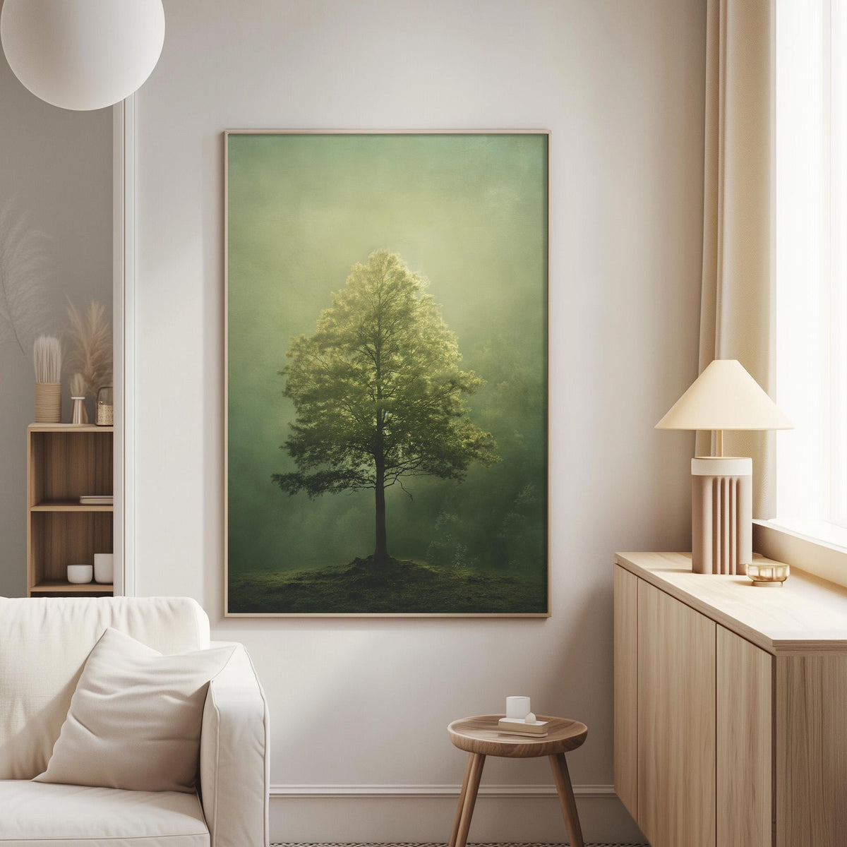 a large painting of a tree with a green and yellow color scheme, hanging on a white wall in a living room setting.